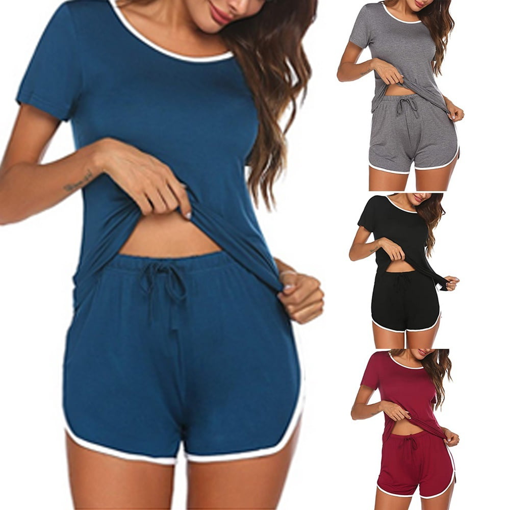 Women Ladies Summer Casual Short Sleeve Pajamas Sets T-shirt + Short ...