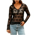 thumbnail image 2 of Xdegoge Lace Tops For Women V Neck Sheer Mesh Long Sleeve Shirts Button Front Blouse Floral Crochet Layering Dressy Casual Going Out Outfits, 2 of 7