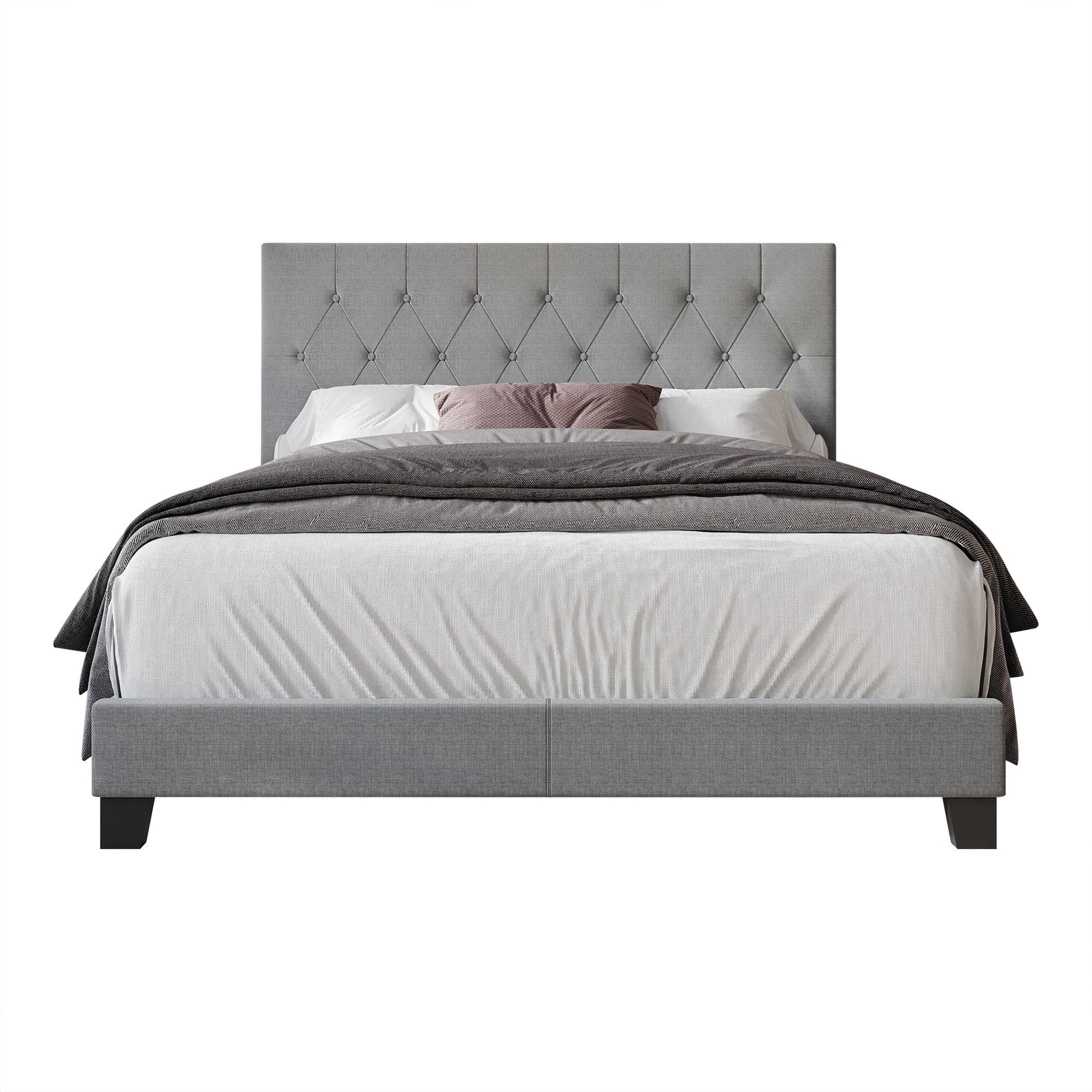 Home Design Dillon Twin Tufted Upholstered Panel Bed Frame with Button Tufting and Foam-Filled Headboard, Gray, Easy Assembly