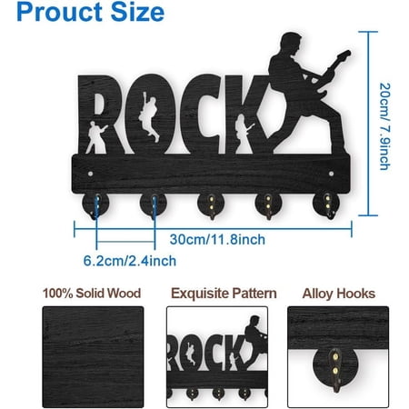 Wooden Rock Band Key Hook Guitar Player Coat Rack Wall Mounted 11.87.9inch Music Key Holder with 5 Alloy Hooks for Gift Entryway Bedroom Living Room Home Decor