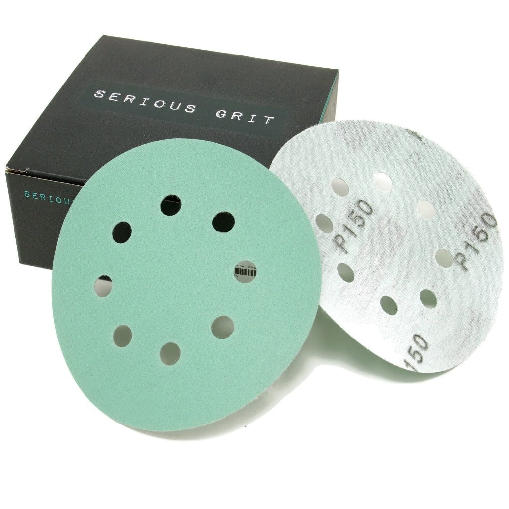 Serious Grit 5Inch 8Hole 150 Grit Sanding Discs HeavyDuty Hook & Loop VelcroBacked Film