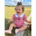 thumbnail image 3 of Baby Girls Football Outfit Rugby Bow Embroidery Smocked Bubble Romper Doll Collar Striped Short Sleeve Jumpsuit Game Day Clothes, 3 of 8