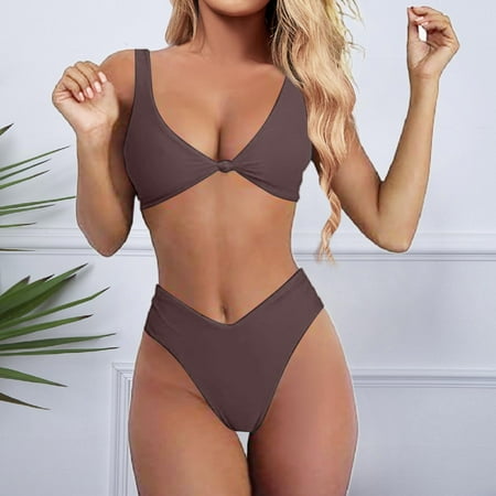 Women Bikini Clearance White High Waisted Bikini   Bikini Set For Women Solid V Neck Knot Front Push Up High Leg Thong Two Piece Swimsuit   Plus Size Swim Suit Two Piece Sets for Women Sexy Coffee XXL