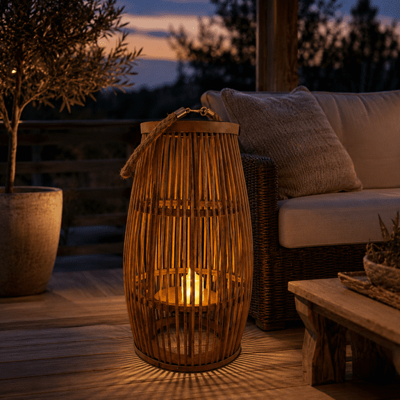 Bedliving Natural Rattan Lantern with Handle, Woven Candle Holder for Table Centerpiece, Boho Farmhouse Wedding Decor, 9.5 x 15.75 in