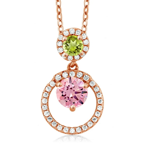 Gem Stone King 18K Rose Gold Plated Silver Pink Zirconia and Green Peridot Pendant Necklace for Women (2.40 Cttw, Gemstone, Round 6MM and 4MM)