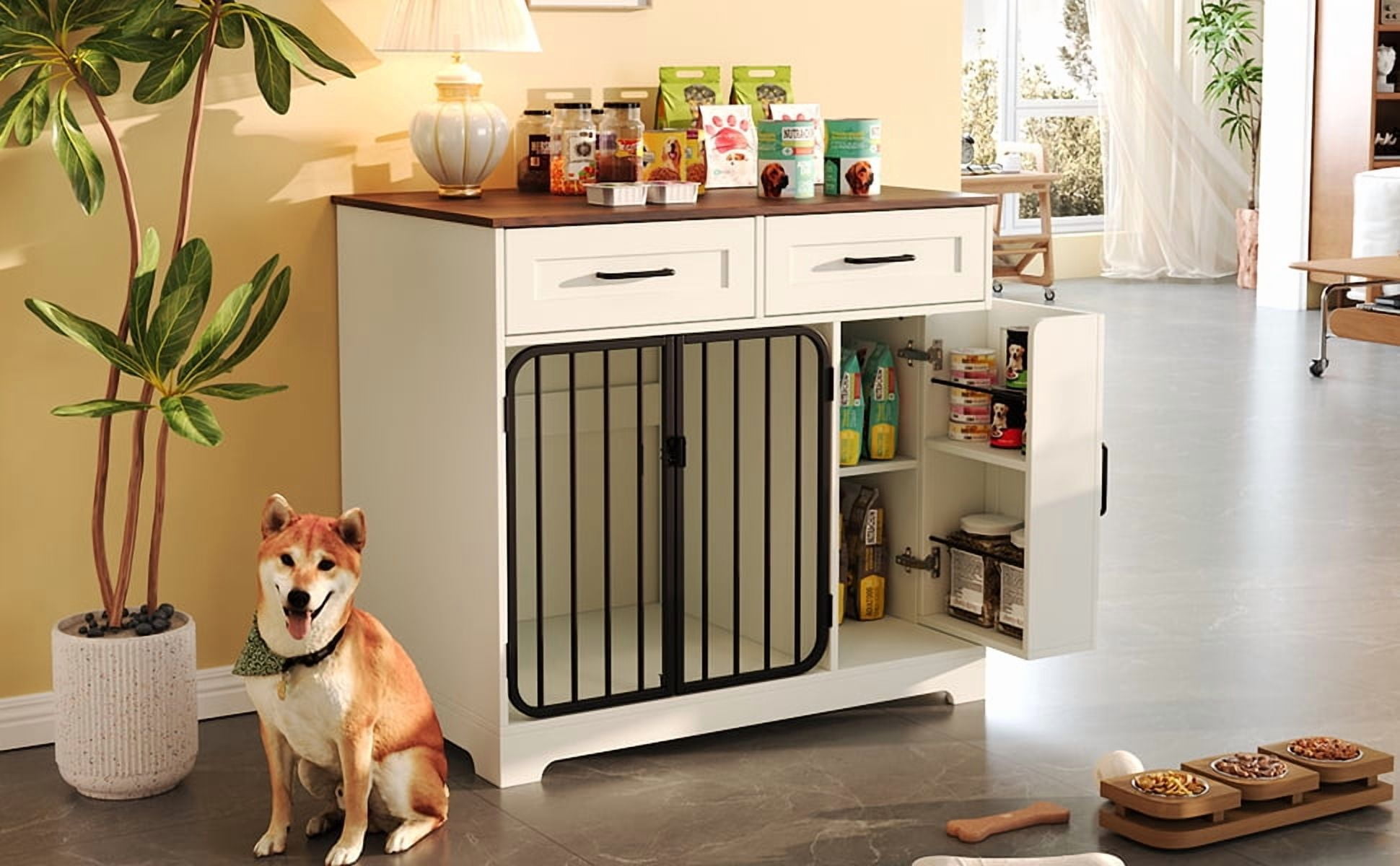 Euroco 2-in-1 Dog Crate Furniture with Storage Drawers and Cabinet, Chew-Resistant Indoor Dog Kennel with Double Locks, White & Brown Pet Crate Table