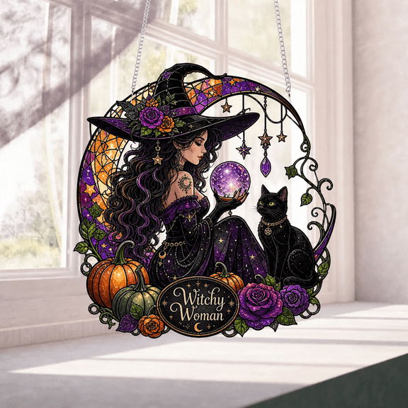 Diamond Painting Suncatcher Kit, Halloween Witch Pumpkin Double Sided Window Hanging for Witchy Decor
