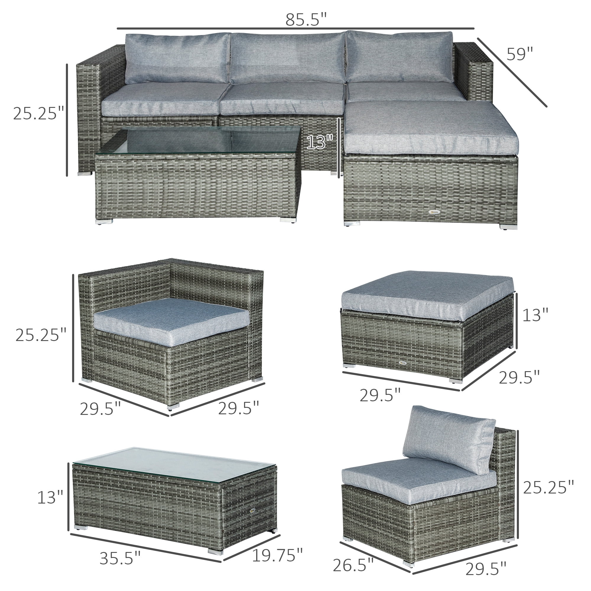 Outsunny 5pc Outdoor Wicker Furniture Set, Table, 3 Seats, Light Gray
