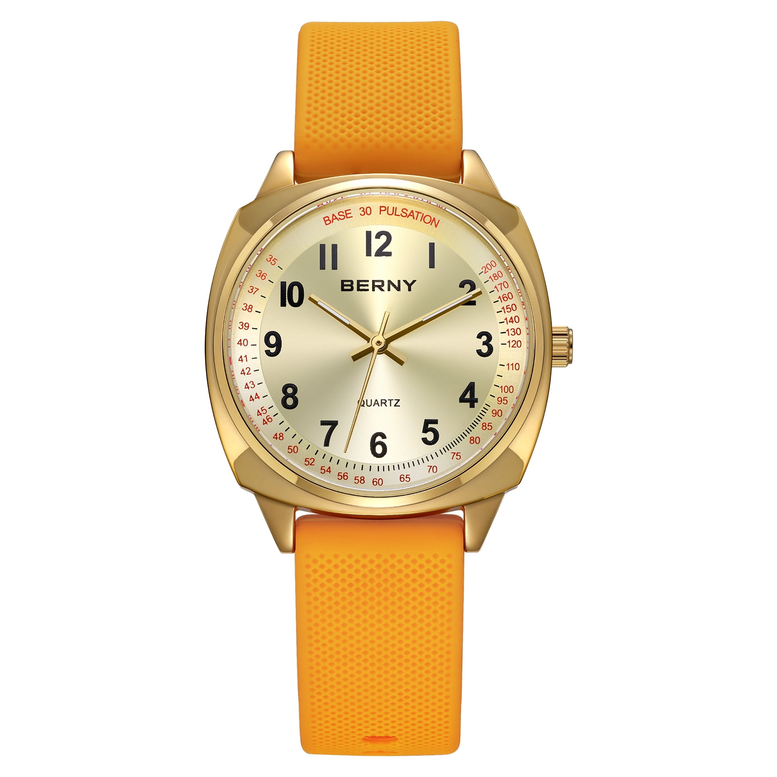 BERNY Nurse Watch for Women, Fashion Ladies Analog Quartz Watch with Silicone Strap, Pulse Meter Function, 3ATM Waterproof Womens Wristwatch, Easy Read Numerals Nursing Watch Gift, Yellow