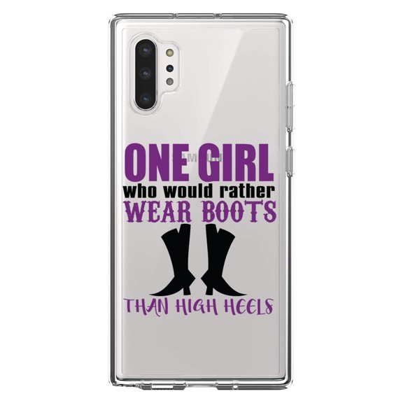 DistinctInk Clear Shockproof Hybrid Case for Galaxy Note 10 PLUS (6.8" Screen) - TPU Bumper Acrylic Back Tempered Glass Screen Protector - One Girl Who Would Rather Wear Boots Than Heels