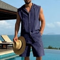 thumbnail image 2 of HBGVBA Mens Summer Set Solid Color Loose Linen Pocket Elastic Waist Shorts Button Hooded Tank Top Shirt 2 Piece Beach Set, 2 of 5