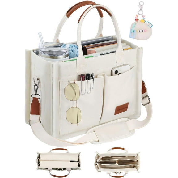 Canvas Tote Bag Purse for Women with Zipper Closure, Individual Compartments & Bottom Support