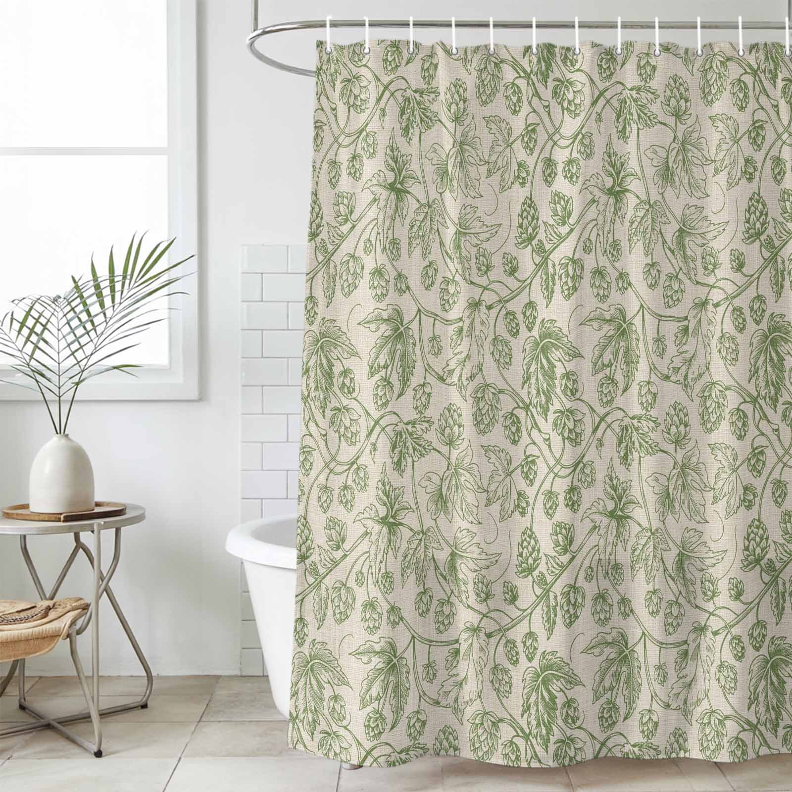 Shower Curtain Bathroom Set Vintage Sage Green Botanical Waterproof Fabric Shower Curtains with Grommets&Hooks, Ombre Leaves Retro Linen Privacy Bath Curtain for Bathtub 72x72in