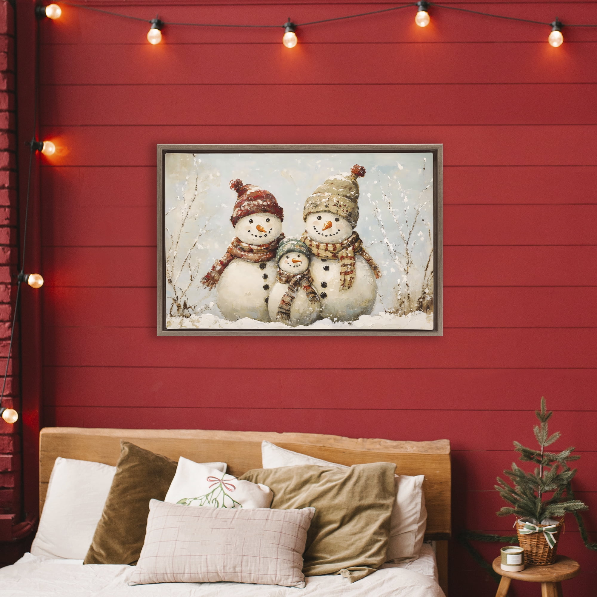 Snowman Family Of Three Brown Framed Floater Canvas Wall Art, design by Petal Prints Design