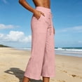 thumbnail image 2 of Cotton Linen Capri Pants for Women - Wide Leg Loose Casual Trousers with Pockets Summer High Waisted Drawstring Pants Pink 2XL, 2 of 6