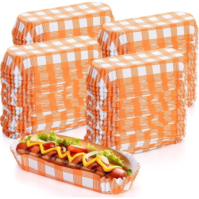 500 Pcs Paper Hot Dog Trays, 6'' Disposable Hot Dog Boats Fluted to Go Paper Food Tray Small Hotdog Holders for Concession Stand Party Food Truck Hot Dog Cart Accessories, Orange