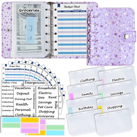A7 Binder Soft Purple PVC with Star 6-Ring Mini Binder 5.39x4.33", with Mini Binder Pockets x8 Zipper, Budget Sheets x12, Cash Envelope Sticker x42, Label Sticker x12