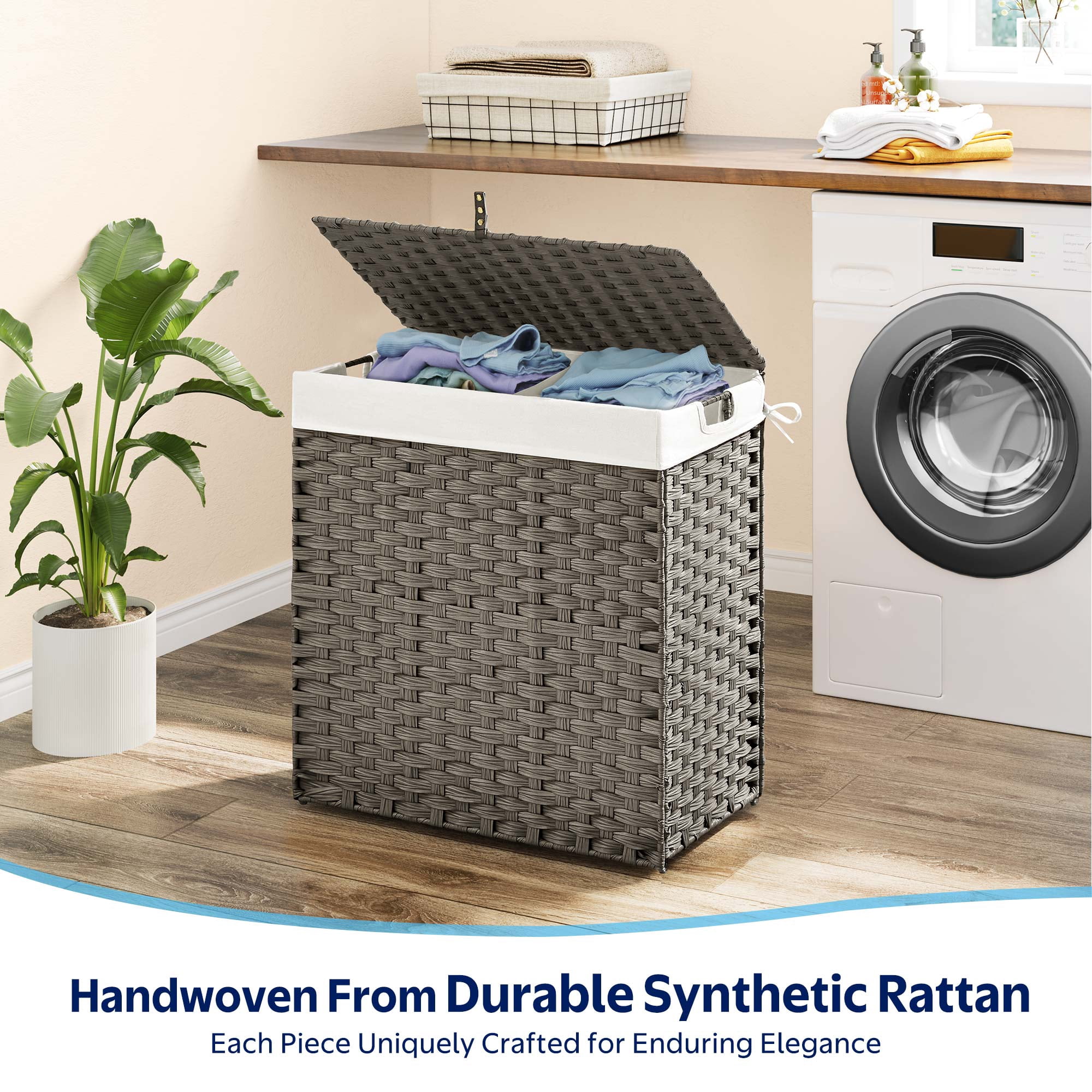Rolanstar 110L Laundry Hamper Wicker Laundry Basket with Lid, Handles Clothes Hamper Foldable with 2 Removable Liner Bags, Gray