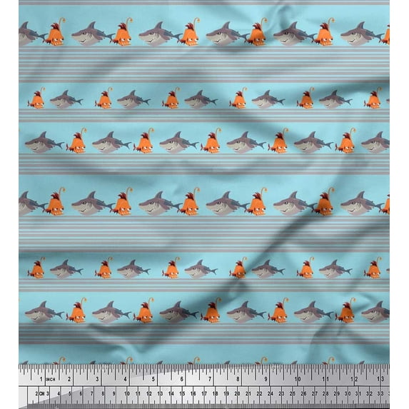 Soimoi Silk Fabric Stripe & Shark Fish Kids Printed Craft Fabric by The Yard 42 Inch Wide