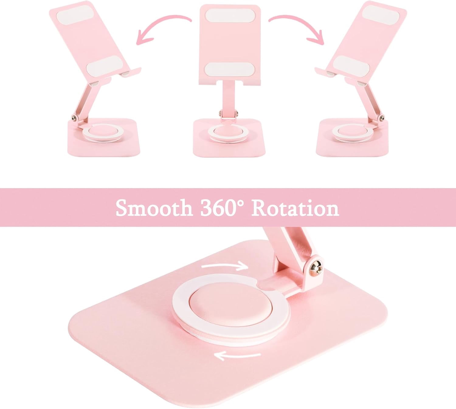 Adjustable Metal Phone Stand for Desk – Foldable 360° Rotating Phone Holder Compatible with iPhone 17/16/15/14 Pro Max/Air, Galaxy S25/S26 & Google Pixel 10a – Pink