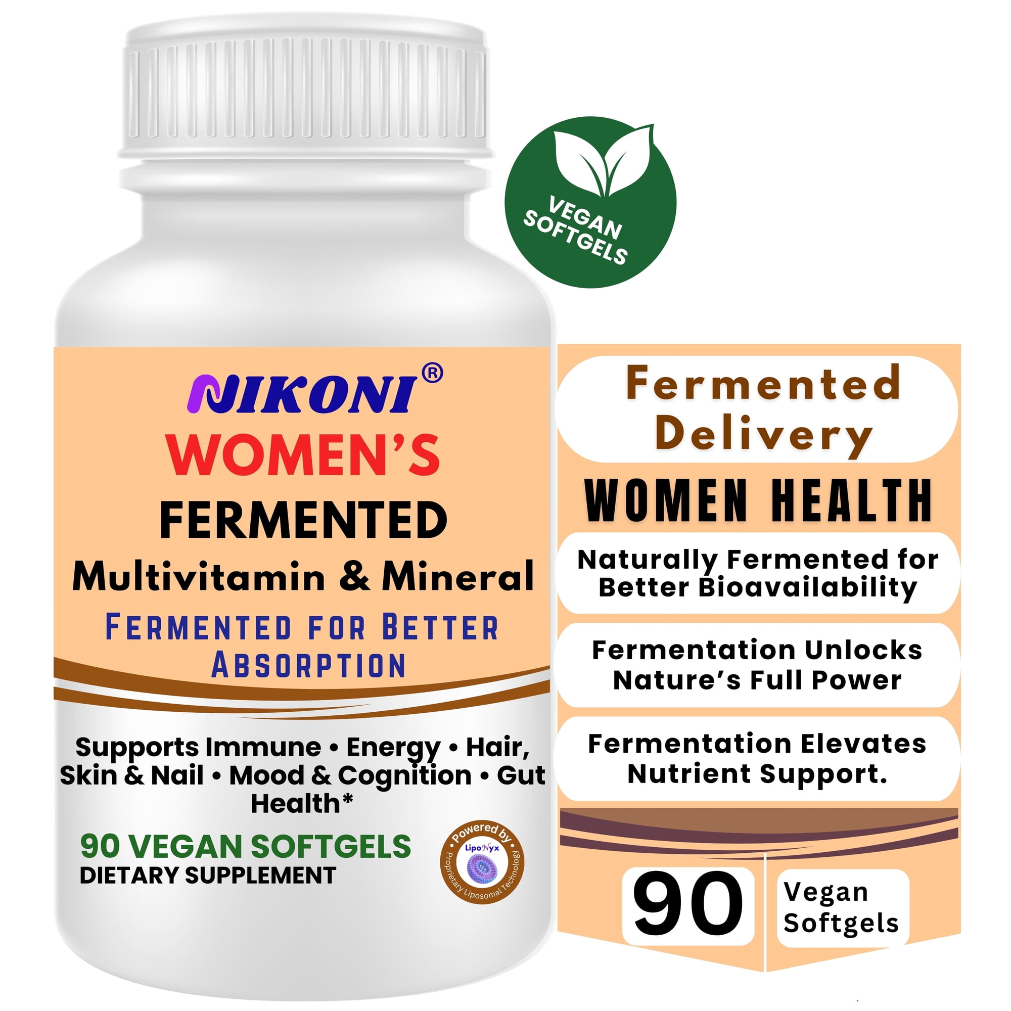 Nikoni Women's Multivitamin & Mineral Vitamin Supplements Vegan Softgels Fermented for Better Absorption 90 Count.