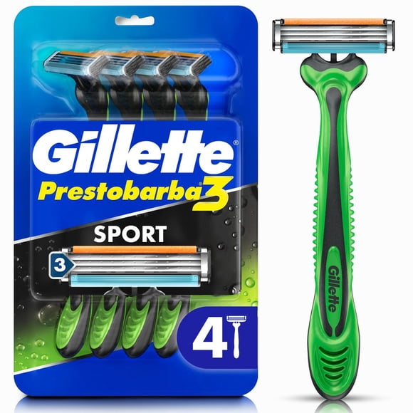 Rastrillo Gillette Prestobarba3 Sport con 3 Hojas para Rasurar al Ras, 4 Uds