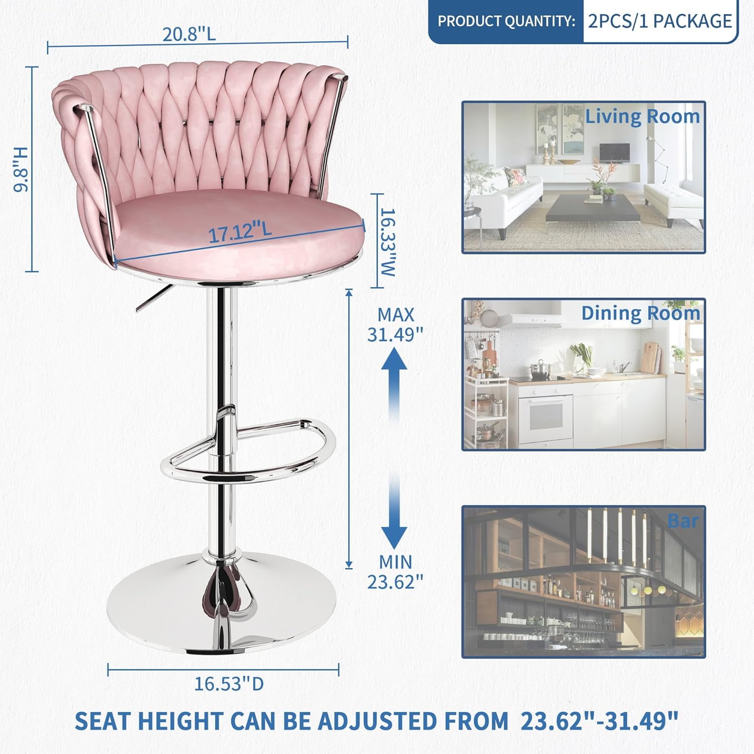 LinkRomat Velvet Bar Stools Set of 2,Swivel Counter Height Bar Stools with Backrest and Footrest,for Kitchen Island Dining Chairs,Pink