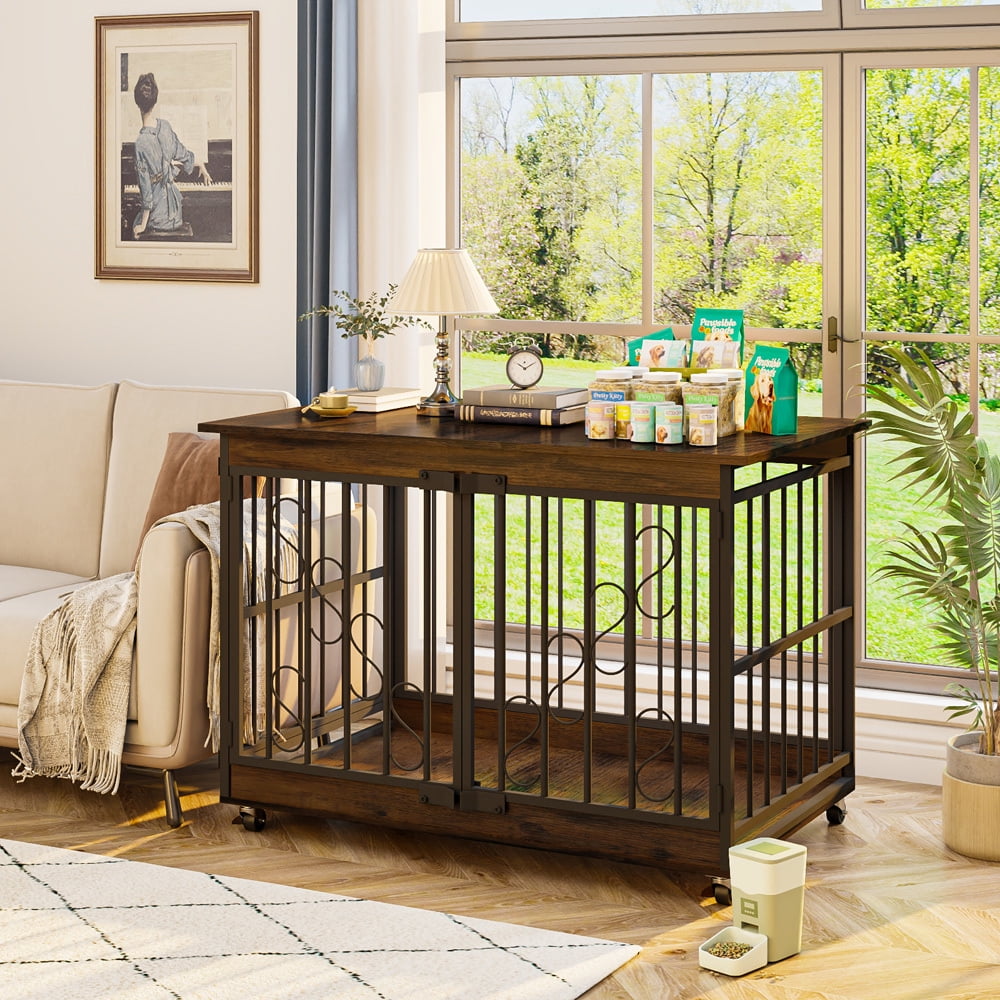 48 inch Dog Cage Furniture for Extra Large Dog, Double-Doors Heavy Duty Dog Crate with 360° Caster Wheels, Dog Kennel Indoor Decorative Pet House Dog Cage Table, Brown