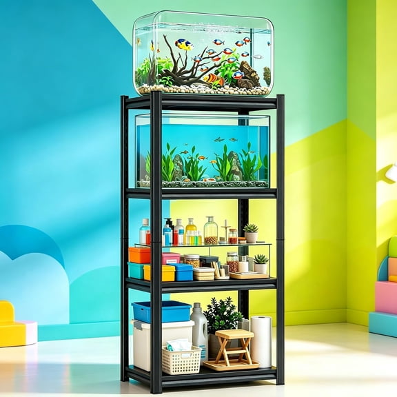 5 Gallon Fish Tank Stand, 4-Tier Heavy-Duty Metal Aquarium Shelf | No Assembly Required, Adjustable Wood Shelves Provide Flexible Storage for Fish Tanks, Accessories, and Pet Supplies