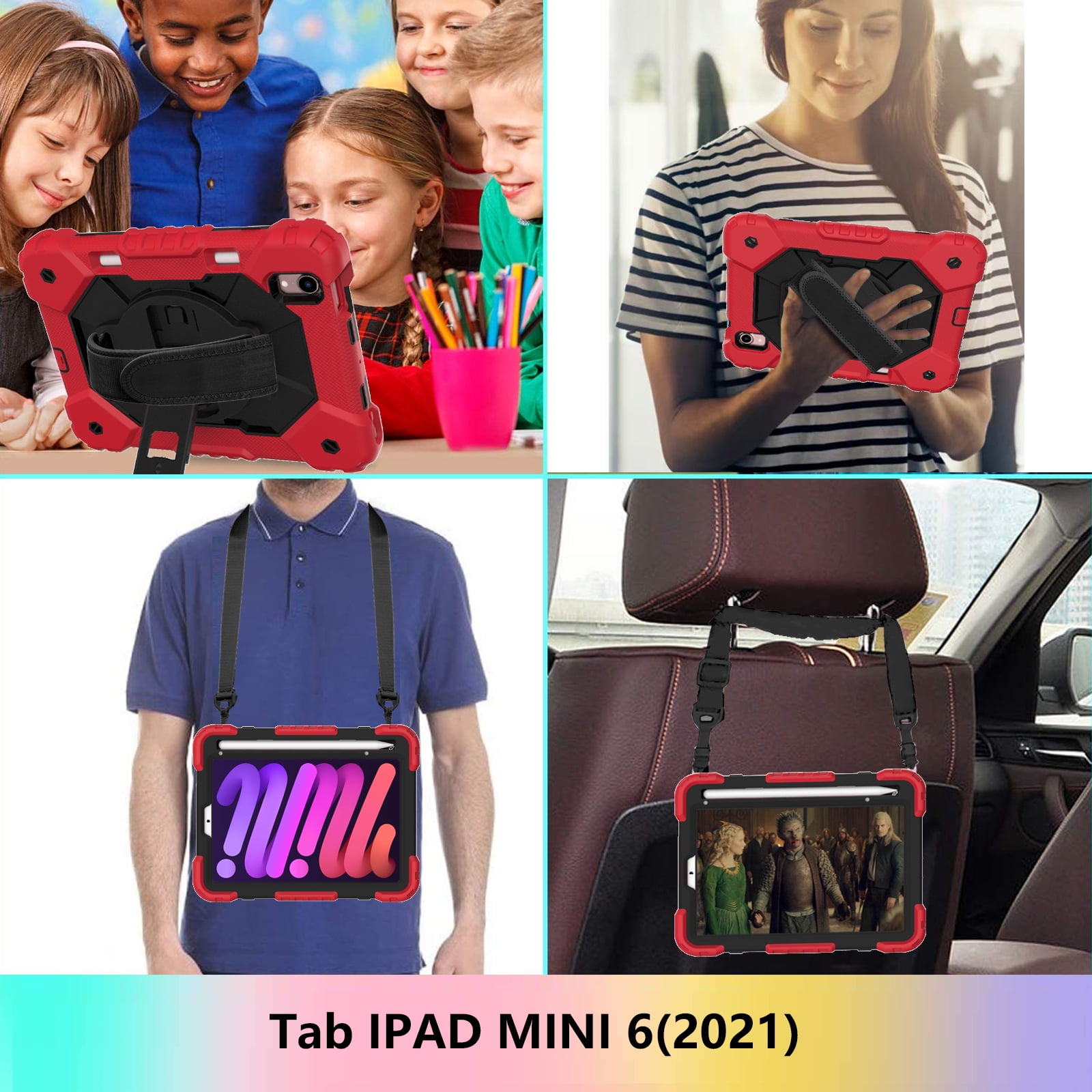 Case for iPad Mini 6 2021 8.3-inch, Kids Shockproof Rugged Hybrid 360 Rotating Stand Cover with Hand Shoulder Strap/Pencil Holder