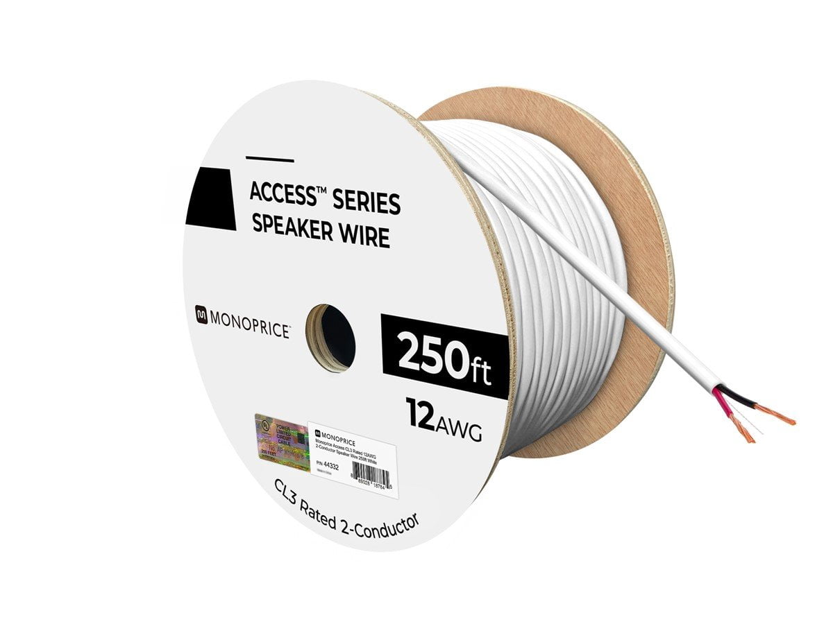 Monoprice Speaker Wire, CL3 Rated, 2-Conductor, 12AWG, 250ft, White