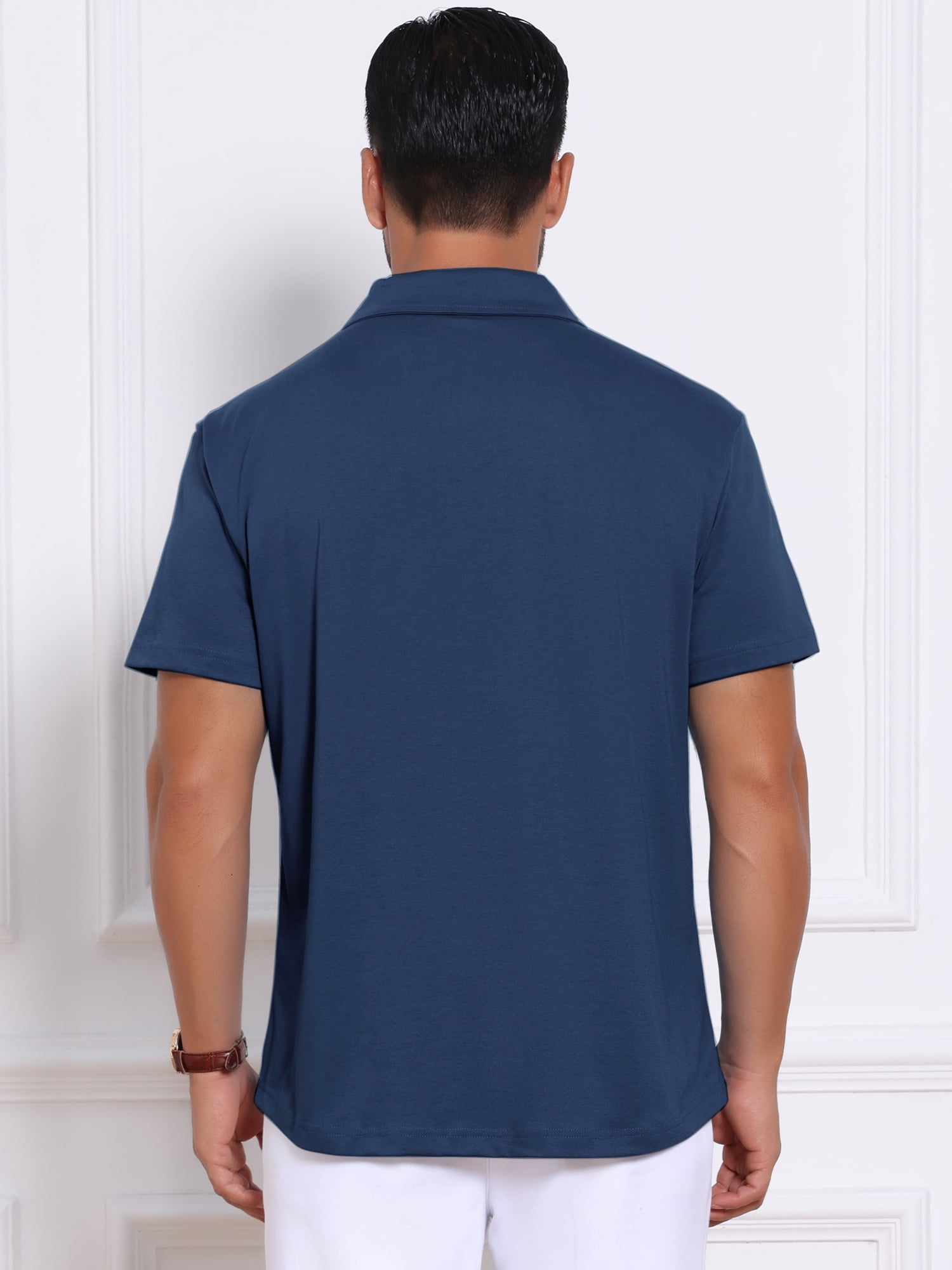 DARING DIVA Men's Collared Short Sleeve Double Chest Pockets Polo Shirt L Dark Blue