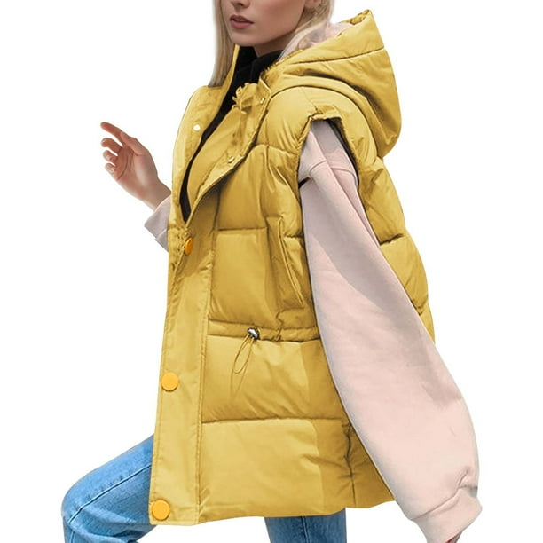 Gibobby Chalecos de invierno para mujer, Chaleco acolchado impermeable sin mangas para mujer, cuello alto con cierre(Amarillo,XG)