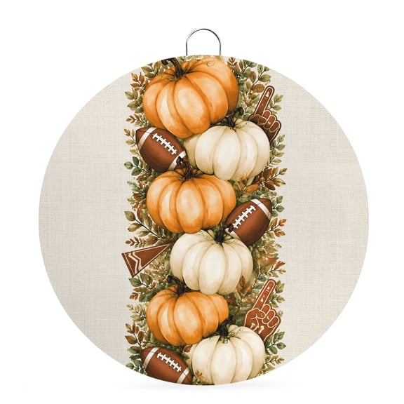 Welcome Sign Front Door Decorations, Fall Pumpkin Round Wall Art Outdoor Metal Wreaths, Thanksgiving Maple Leaves Football Beige Seasonal Hanging Sign for Home Porch Decor Warming Gift 6 In