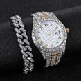 thumbnail image 5 of 2pcs Men's Fashionable Matching Set: Sparkling Fully Drilled Round Dial Roman Scale Quartz Watch And Trendy Inlaid Rhinestone Chain Bracelet, 5 of 5