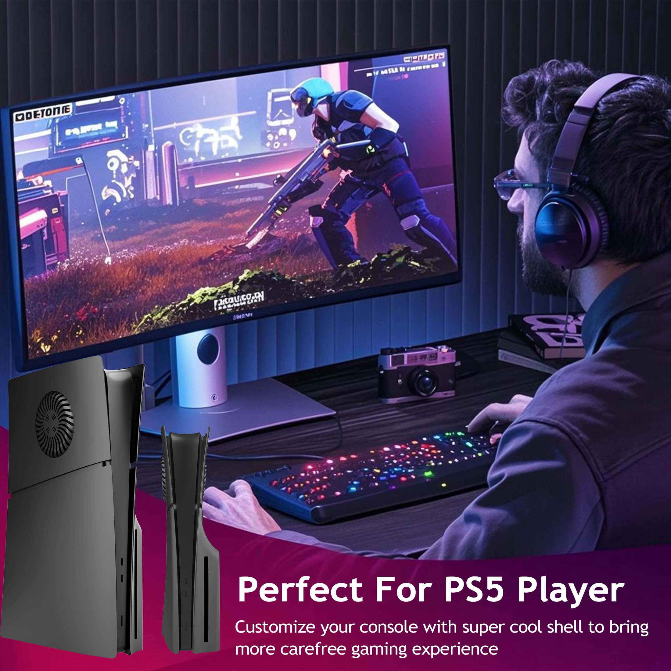 Faceplates for PS5 Slim Disc Edition Plate Cover Console with Cooling Vents & Dust Filter, Black