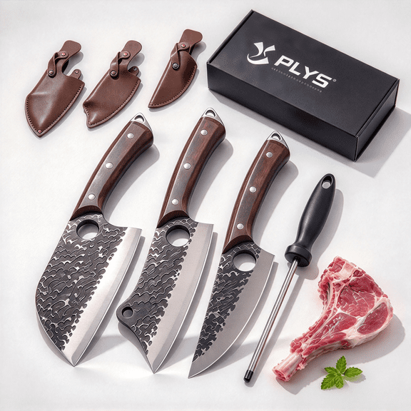 Plys Butcher Knife Set - 3PCS Hand Forged Viking Kitchen Knives Meat Cleaver Cutting and Chopping with Sharpener & Leather Sheath
