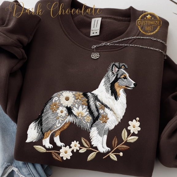 Shetland Sheepdog Sweatshirt, Printed Embroidery Look Collie Sheltie Sweater