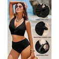 thumbnail image 4 of Eytino Women's Swimsuits High Waisted Bikini Set Textured Ruched Bathing Suits for Women Two Piece Swimsuit V Neck Twist Front Bikini Top with Bikini Bottoms Black L, 4 of 11