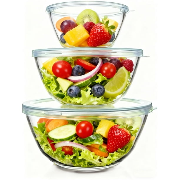 Juego de 3 Tazones de Vidrio con Tapa Hermética, Cuencos para Mezclar y Ensalada, Apilables,Sin BPA, Ensaladeras de Cristal para Cocina, Batir y Servir Alimentos, Apto Microondas y Lavavajillas