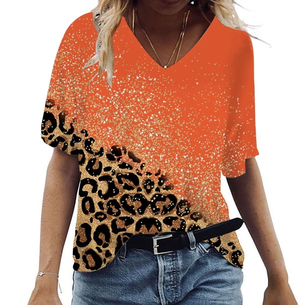 ICHUANYI Clearance Women Fashion Summer Sexy Fold Printed Regular Women Short Sleeves V Neck Button Top(Orange, S) ICHUANYI WER2023081113648