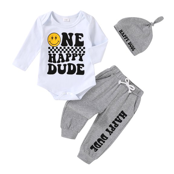 Tiny Cutey Baby Boy 1st Birthday Outfit Fall Winter Long Sleeve Bodysuit Romper Pants Hat Coming Home Outfit Clothes Set for 3-6 Months