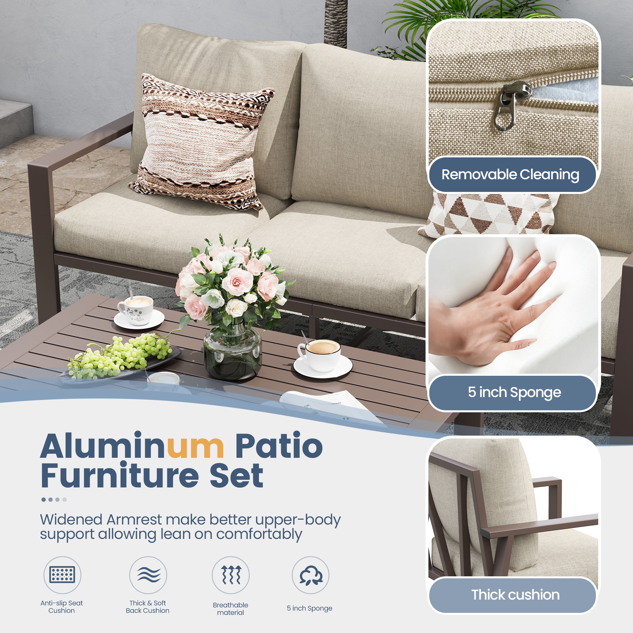 POTEBAN Aluminum Patio Furniture Set, Modern Metal Outdoor Sectional Sofa, Patio Conversation Sets with Side Table for Poolside, courtyard,Khaki