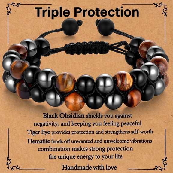 Jewmon 10mm Natural Tiger Eye Bracelet Hematite Black Obsidian Beads Triple Protection Bracelet for Men Healing Crystal Jewelry