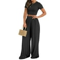 thumbnail image 3 of Liher Women 2 Piece Summer Outfits Black Casual Set Short Sleeve Crew Neck Basic Top & High Waist Ruched Wide Leg Pant Set Clothes Size S, 3 of 4