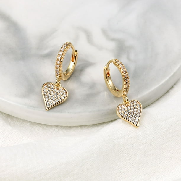 Orecchini A Cerchio Oro Con Ciondolo A Cuore Verde - Orecchini Donna Huggie In Rame Placcato Oro 14k, Zirconia, Ipoallergenici, 2 Pezzi
