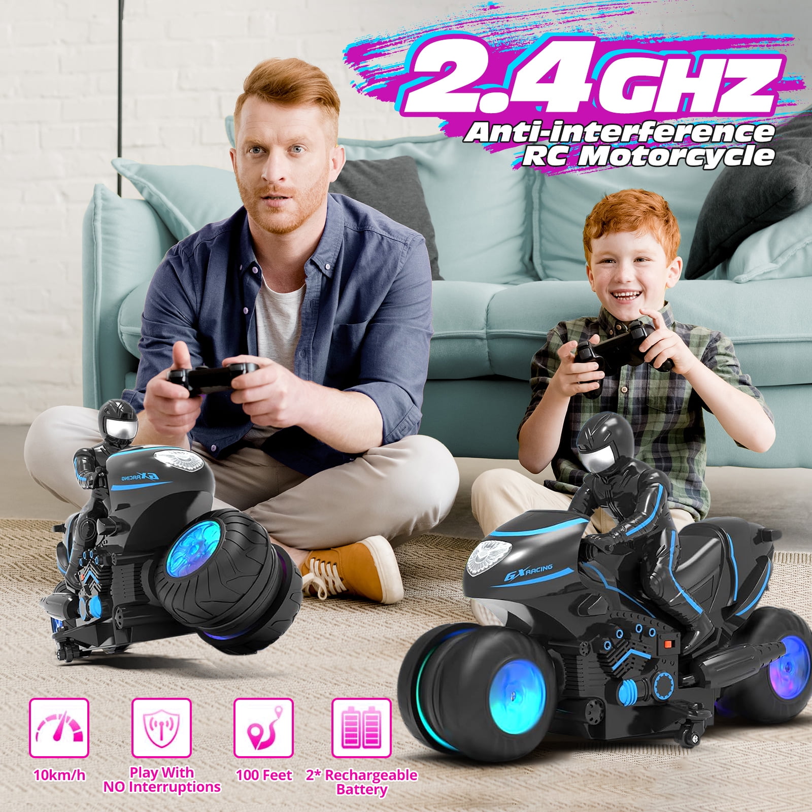 Tecnock RC Motorcycle, Remote Control Motorcycles with LED Lights, RC Cars Dirt Bike Toy, 360° Spins and Flips, Gift for Kids