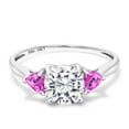 thumbnail image 2 of Gem Stone King 10K White Gold White Moissanite and Pink Created Sapphire 3-Stone Engagement Ring for Women (2.30 Cttw, 7MM Cushion and 4MM Trillion, Size 6), 2 of 6