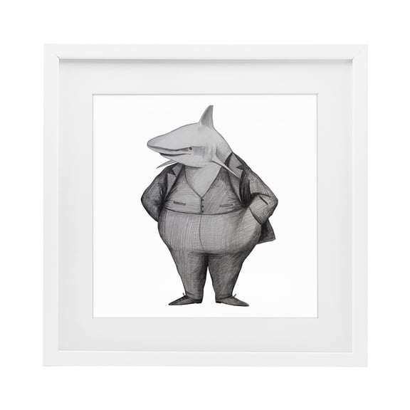 Stupell Industries Shark In Suit Drawing White Framed Print Under Glass, design by Violeta Vollmer