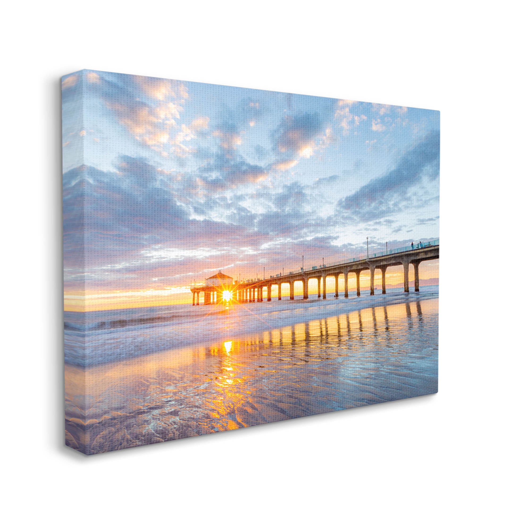 Ocean Pier Sunrise Reflection Coastal Photograph Gallery Wrapped Canvas Print Wall Art